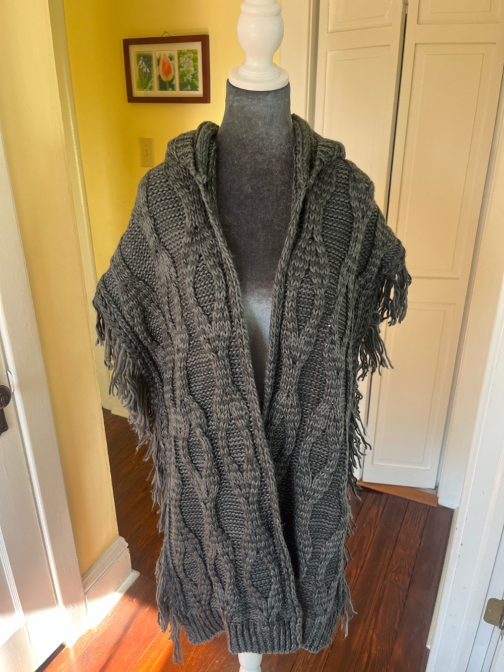 Free People Charcoal Cable-Knit Hooded Fringe Shawl/Wrap